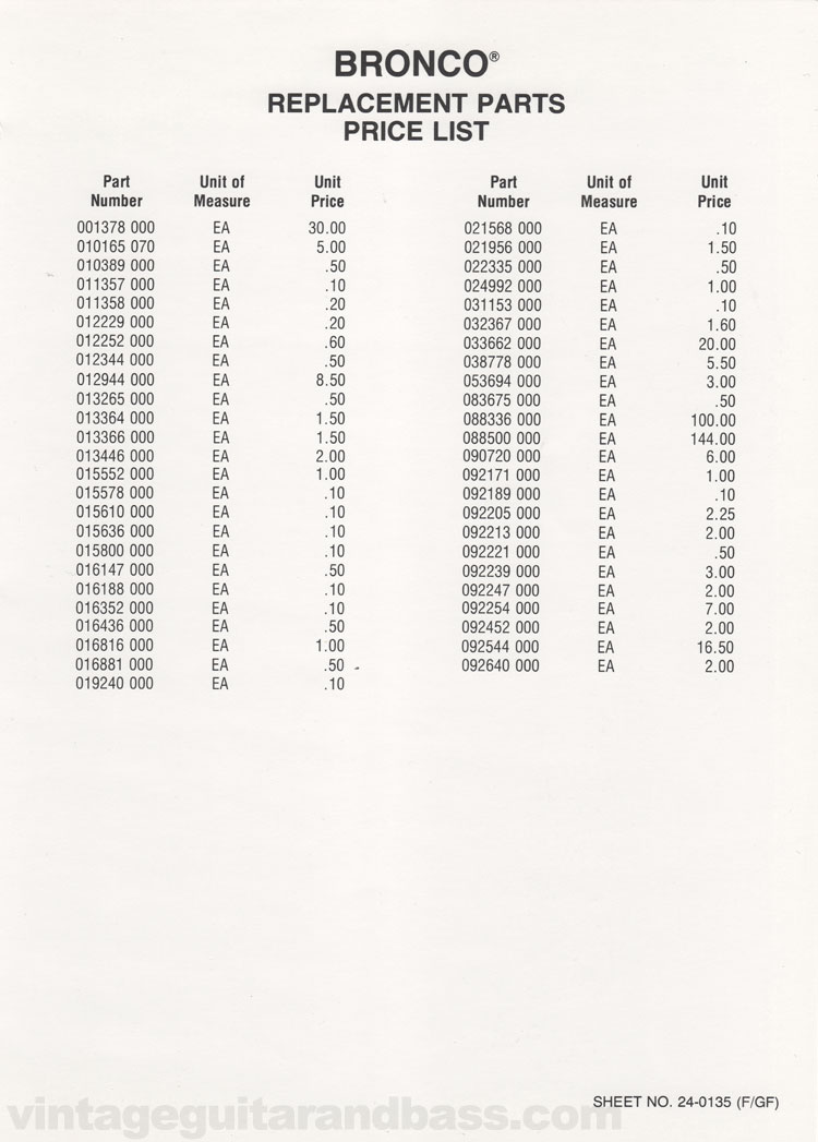 Replacement part list for the Fender Bronco electric guitar - 1976, page 3
