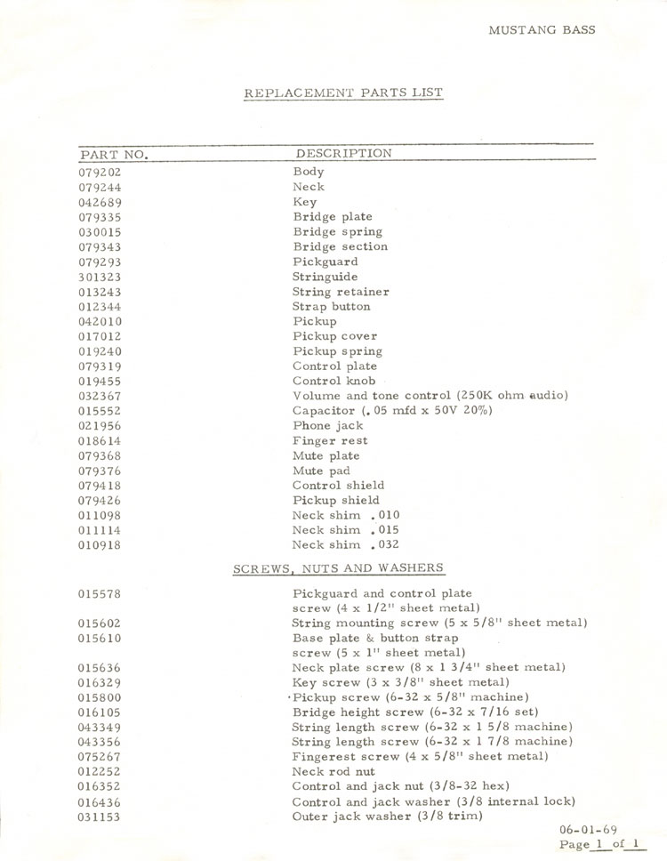 Replacement parts list for the 1969 Fender Mustang bass guitar - part 1