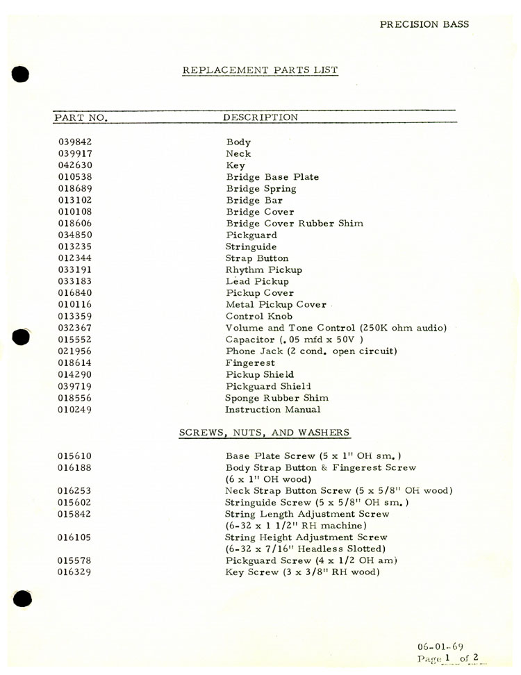 Replacement parts list for the 1969 Fender Precision bass guitar - part 1