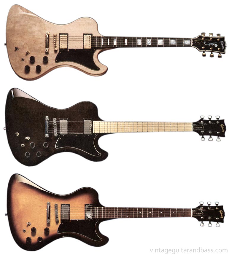 From top to bottom, the Gibson RD Artist, RD Custom, and RD Standard guitars
