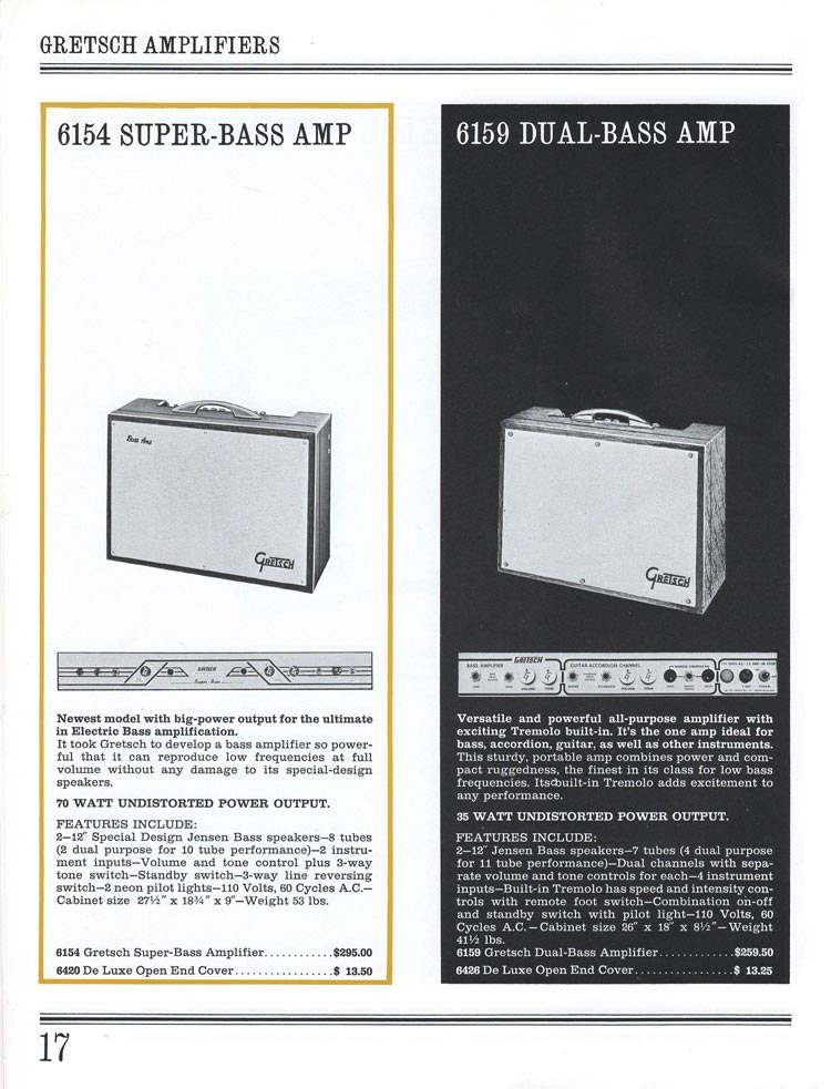 1965 Gretsch guitar catalog page 17 - Gretsch 6154 Super-Bass and 6159 Dual-Bass bass guitar amplifiers