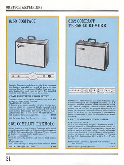1965 Gretsch guitar catalog page 22 - Gretsch 6150 Compact, 6151 Compact Tremolo and 6152 Compact Tremolo Reverb amplifiers