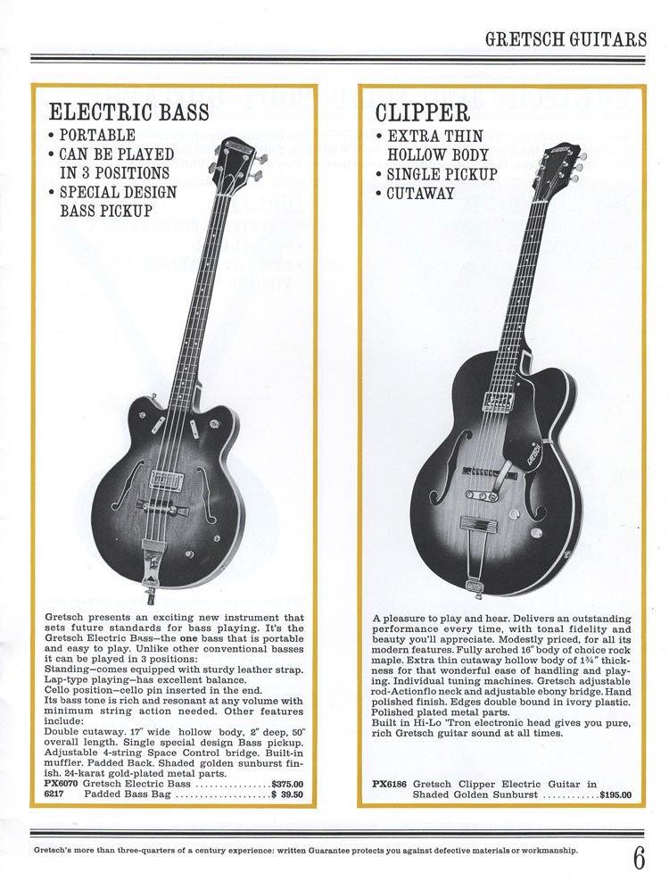 1965 Gretsch guitar catalog page 6 - details of the Gretsch Clipper and PX6070 bass