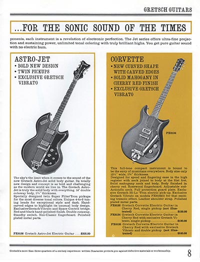 1965 Gretsch guitar catalog page 9 - Gretsch Astro Jet PX6126 and Corvette PX6134