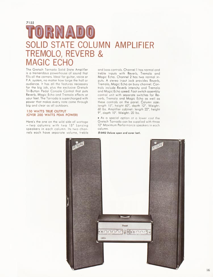 1968 Gretsch guitar catalog page 16 - Gretsch 7155 Tornado solid state column amplifier
