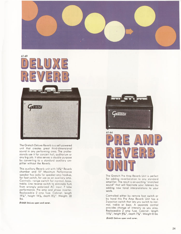 1968 Gretsch guitar catalog page 24 - Gretsch 6149 Deluxe Reverb and 6144 Pre Amp Reverb unit