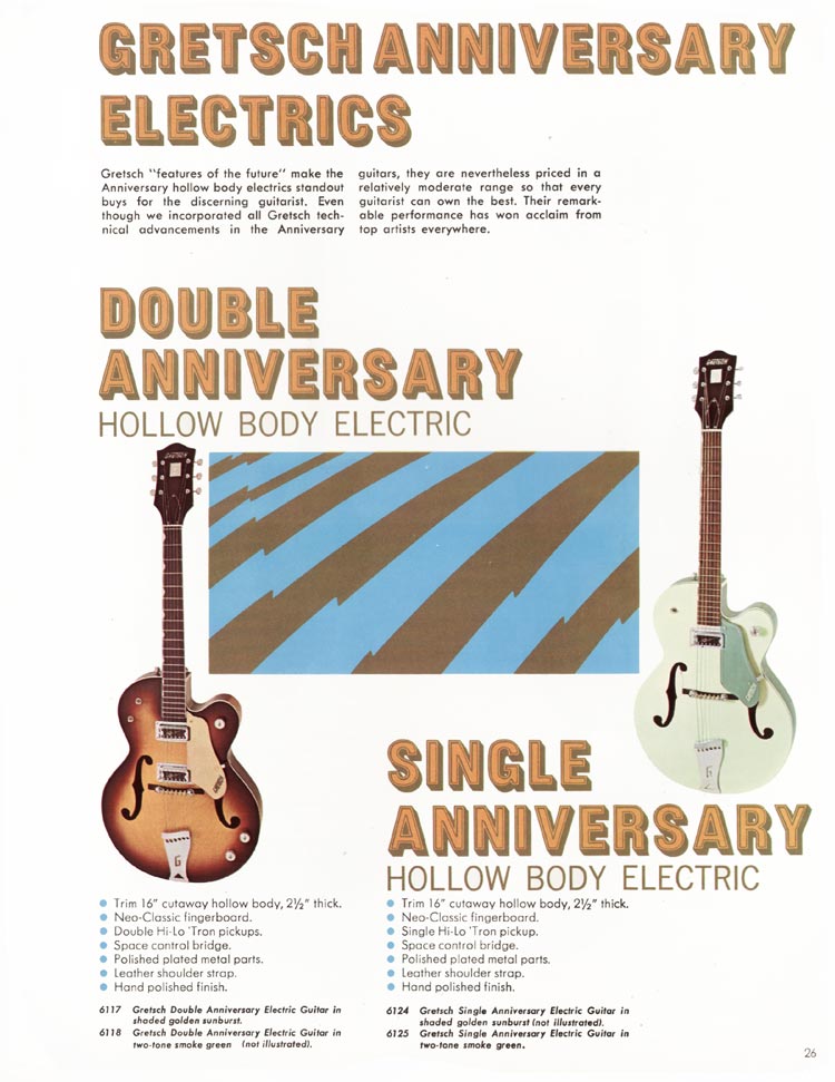 1968 Gretsch guitar catalog page 26 - Gretsch 6124/6125 Single and 6117/6118 Double Anniversary guitars