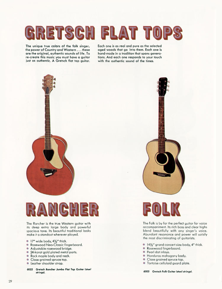1968 Gretsch guitar catalog page 29 - Gretsch 6022 Rancher and 6003 Folk flat tops