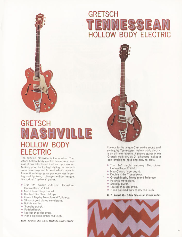 1968 Gretsch guitar catalog page 6 - details of the Gretsch Tennessean and Nashville