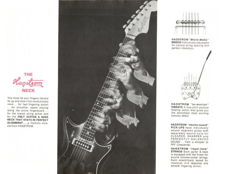 1966 Hagstrom guitar catalog page 3 - Details of the Hagstrom bridge, vibrato, pickups and strings