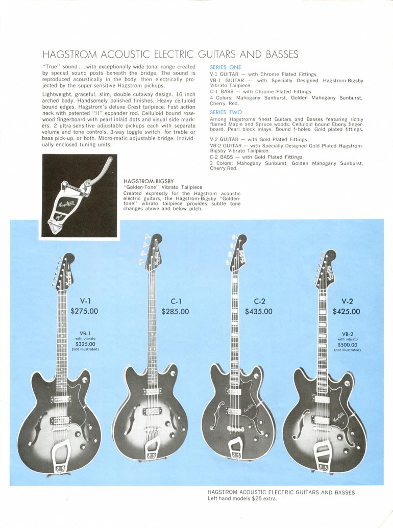 1968 Hagstrom guitar catalogue page 3 - Details of the Hagstrom V-1, V-2, C-1 and C-2 Viking and Concord series guitars
