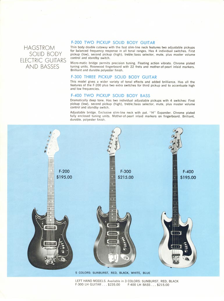 1968 Hagstrom guitar catalogue page 4 - details of the Hagstrom F200 and F300 guitars and F400 bass