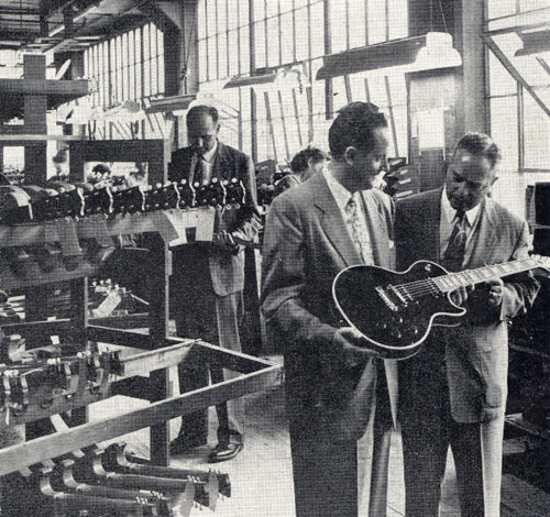 Les Paul visits the Gibson plant in Kalamazoo circa 1956