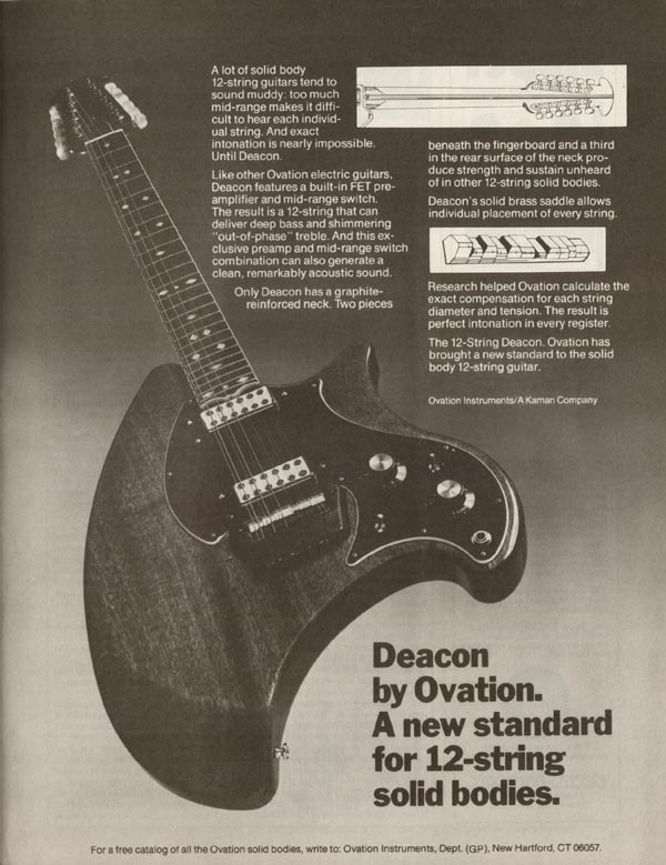 Ovation advertisement (1977) Deacon by Ovation. A new standard for 12-string solid bodies