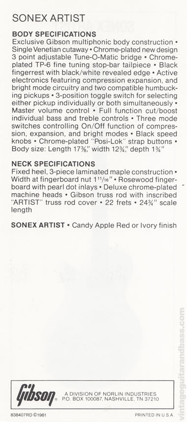 1981 Gibson Sonex Artist pre-owners manual insert, side 2