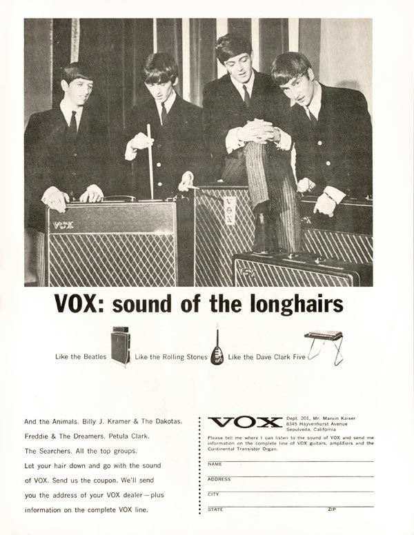 Vox advertisement (1965) VOX: Sound of the Longhairs (Beatles)