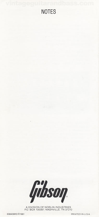 1981 Gibson Victory MV owners manual back cover