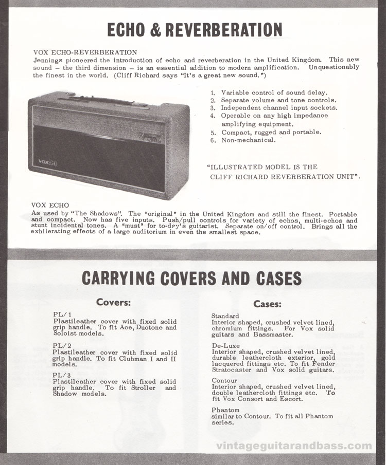 1962 Vox guitar catalog page 10 - Cliff Richard reverberation unit