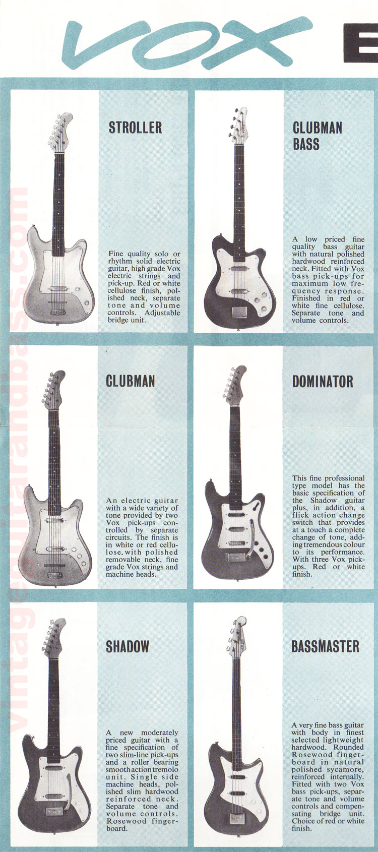 1962 Vox guitar catalog part 2 - details of the Vox Phantom, Phantom bass and Consort