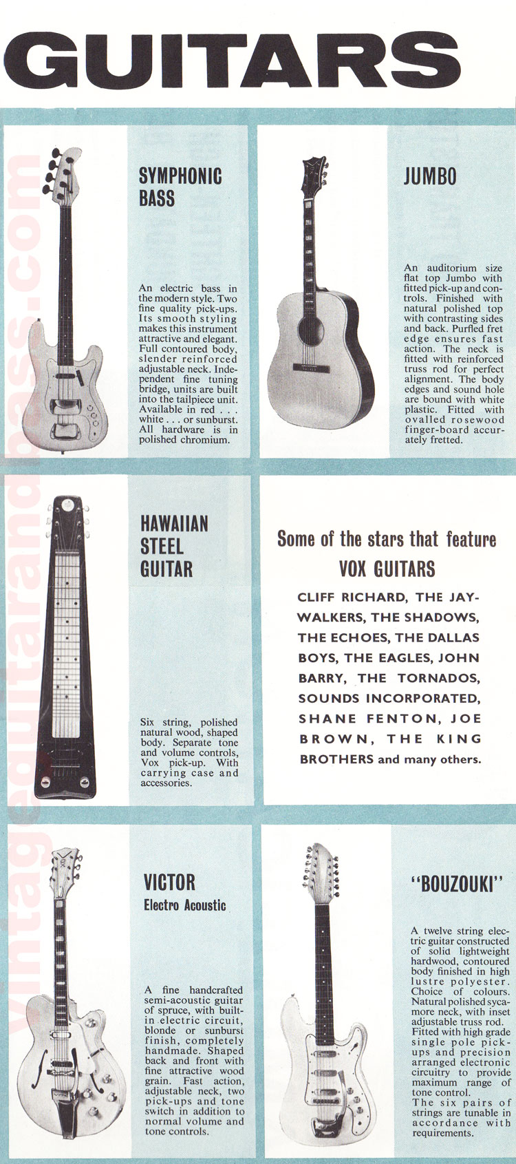 1962 Vox guitar catalog page 4 - details of the Vox Escort, Soundcaster, Ace, Symphonic bass and Bassmaster
