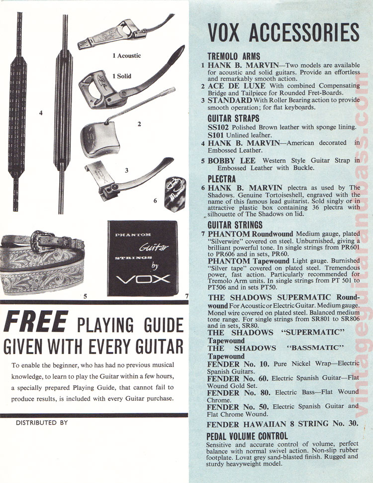 1962 Vox guitar catalog page 5 - Vox Shadow, Stroller, Soloist, Clubman Bass, Pacific and Hawaiian Steel