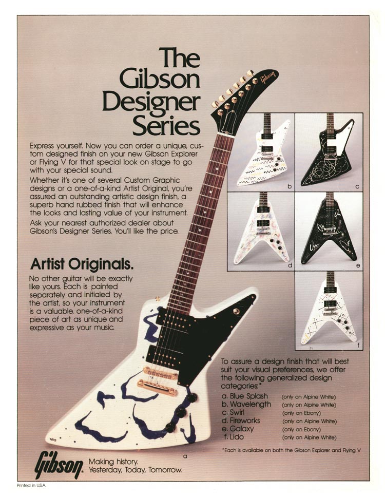 Gibson designer series custom graphics flyer, side 1: Custom Graphic finishes offered by Gibson in 1984/85