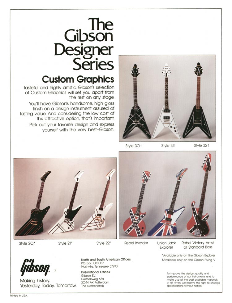 Gibson designer series custom graphics flyer, side 2: Custom Graphic finishes offered by Gibson in 1984/85