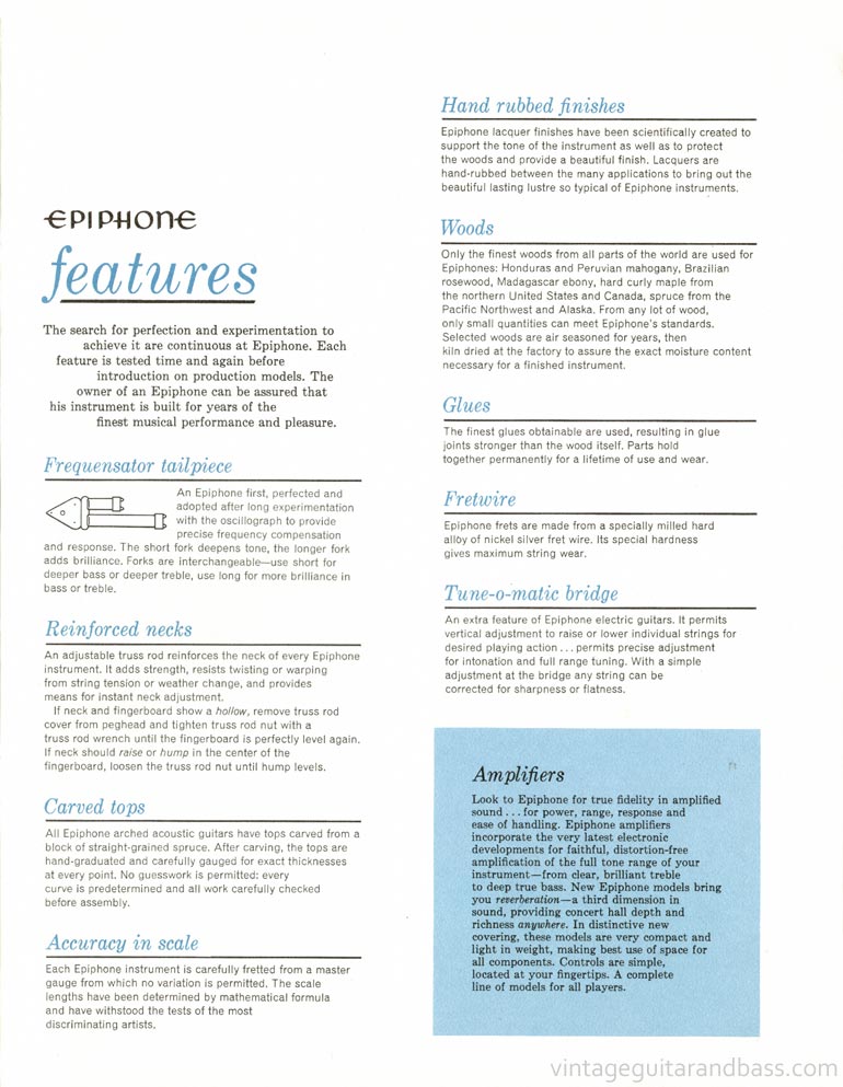 1961 Epiphone full line catalog page 21:  Epiphone features