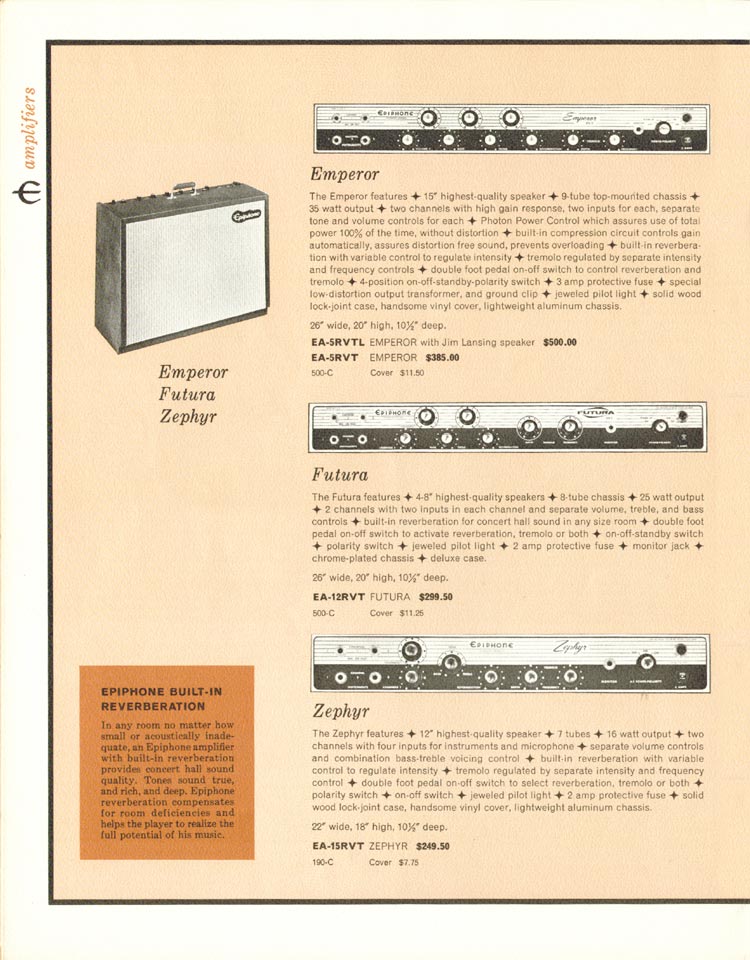 1962 Epiphone "Guitars, Basses, Amplifiers" catalog, page 10: Epiphone Emperor, Futura, and Zephyr amplifiers