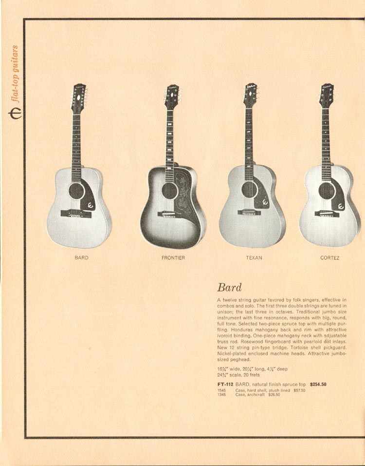 1962 Epiphone "Guitars, Basses, Amplifiers" catalog, page 14: Epiphone Bard, Frontier, Texan and Cortez flat top acoustic guitars