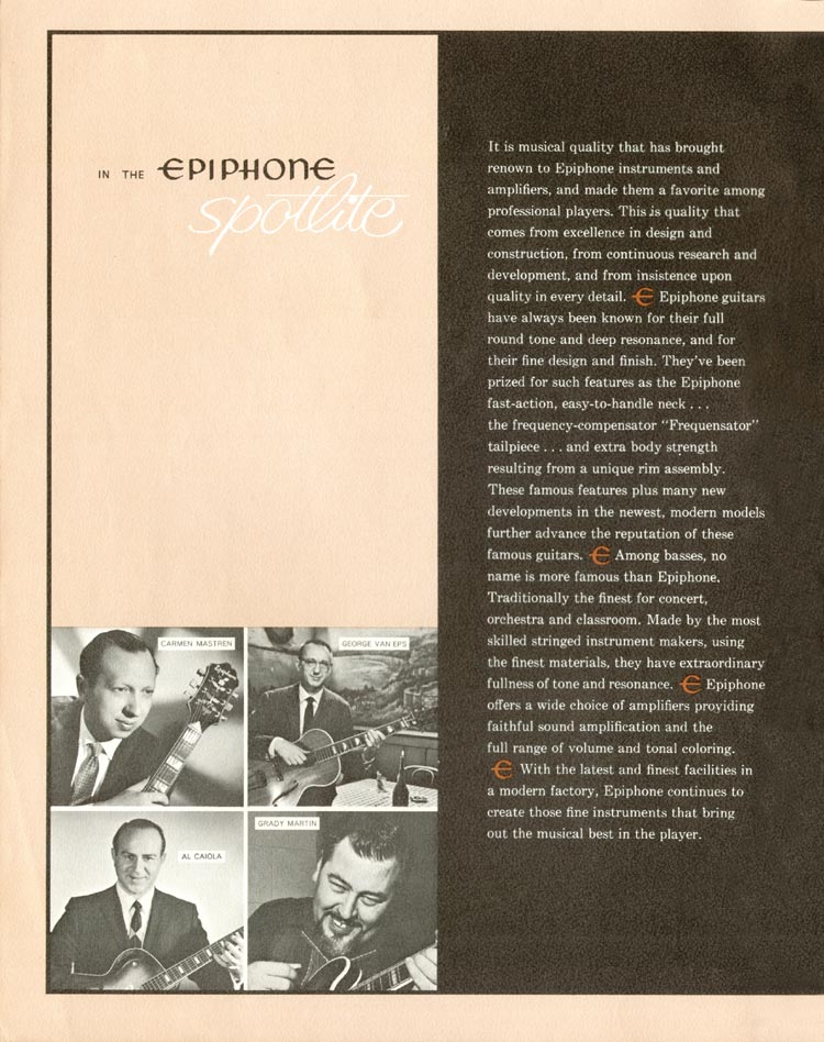 1962 Epiphone "Guitars, Basses, Amplifiers" catalog, page 2: "In the Epiphone Spotlite"