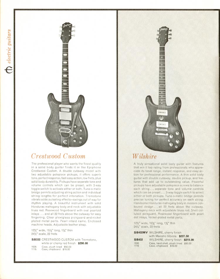 1962 Epiphone "Guitars, Basses, Amplifiers" catalog, page 8: Crestwood Custom and Wilshire