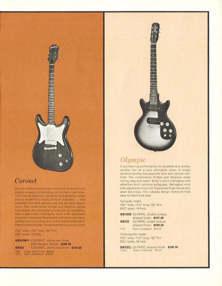 1962 Epiphone "Guitars, Basses, Amplifiers" catalog, page 9: Coronet and Olympic