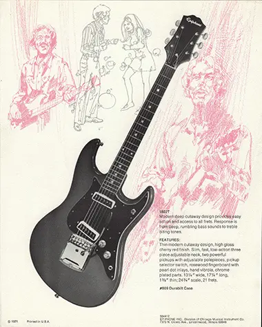 1971 Epiphone loose leaf "Pick Epiphone" brochure, 1802 solid body bass guitar