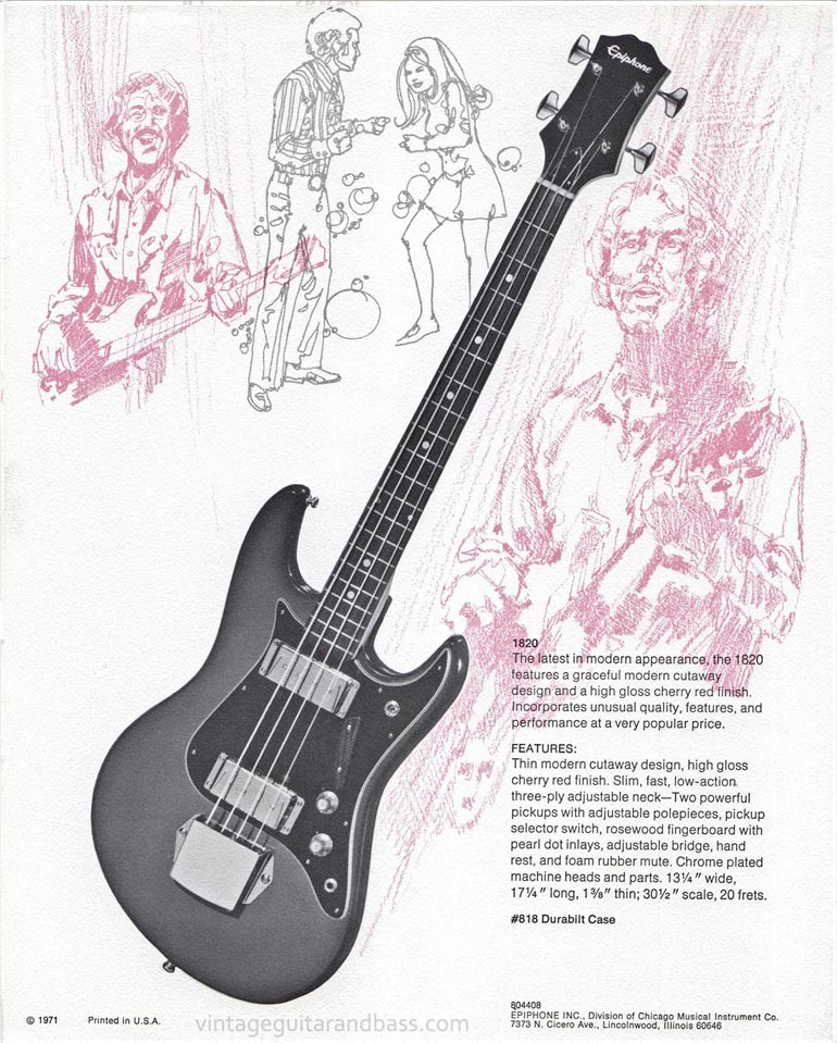1971 Epiphone loose leaf "Pick Epiphone" brochure, 1820 solid body bass guitar