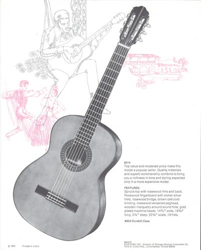 1971 Epiphone loose leaf "Pick Epiphone" brochure, 6514 classic acoustic guitar