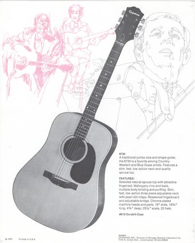 1971 Epiphone loose leaf "Pick Epiphone" brochure, 6730 jumbo flattop acoustic guitar