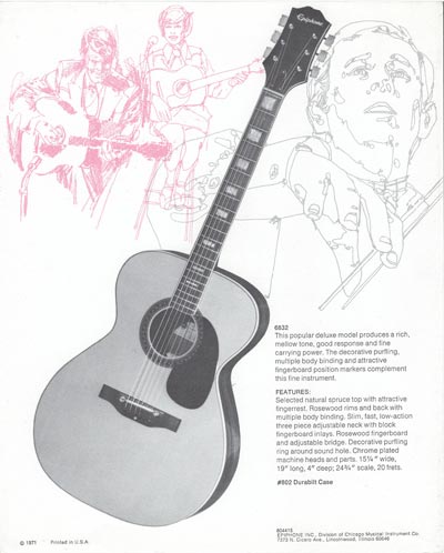 1971 Epiphone loose leaf "Pick Epiphone" brochure, 6832 flattop acoustic guitar