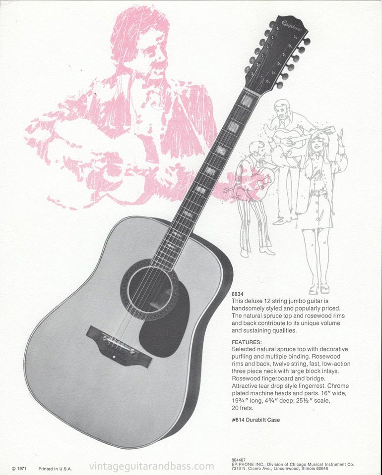 1971 Pick Epiphone brochure - Epiphone 6834 12 string jumbo acoustic guitar