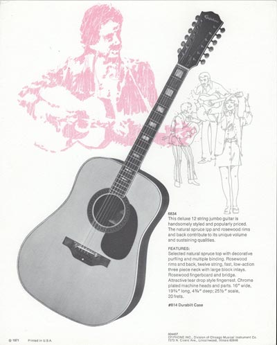 1971 Epiphone loose leaf "Pick Epiphone" brochure, 6834 12 string flattop acoustic