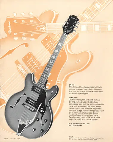 1971 Epiphone loose leaf "Pick Epiphone" brochure, EA-250 semi-acoustic electric guitar