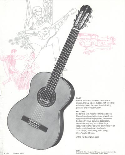 1971 Epiphone loose leaf "Pick Epiphone" brochure, EC-25 classic acoustic guitar