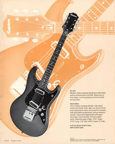 1971 Epiphone loose leaf "Pick Epiphone" brochure, ET-280 solid body electric bass guitar