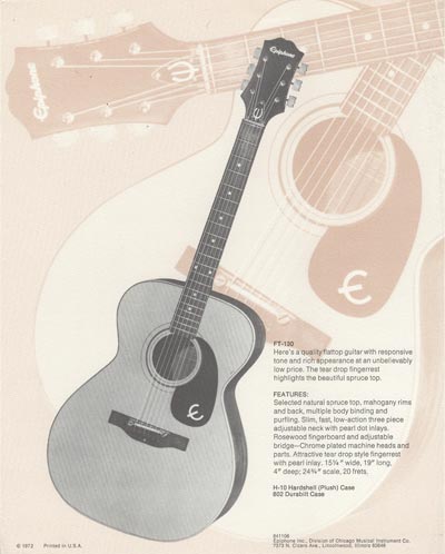 1971 Epiphone loose leaf "Pick Epiphone" brochure, FT-130 jumbo flattop acoustic guitar