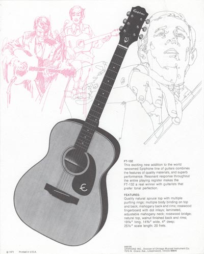 1971 Epiphone loose leaf "Pick Epiphone" brochure, FT-132 flattop acoustic guitar