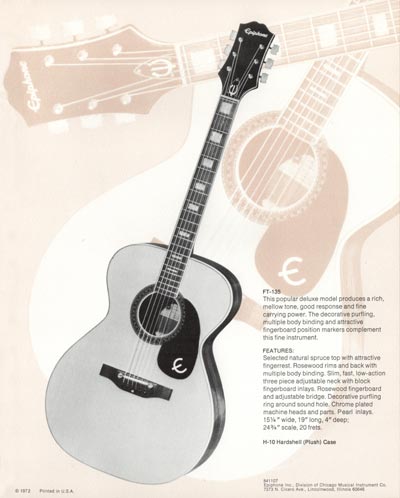 1971 Epiphone loose leaf "Pick Epiphone" brochure, FT-135 jumbo flattop acoustic guitar