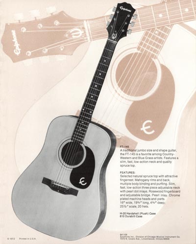 1971 Epiphone loose leaf "Pick Epiphone" brochure, FT-145 jumbo flattop acoustic guitar