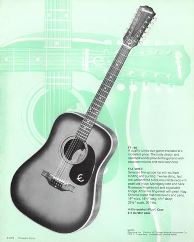 1971 Epiphone loose leaf "Pick Epiphone" brochure, FT-160 12-string flattop acoustic guitar