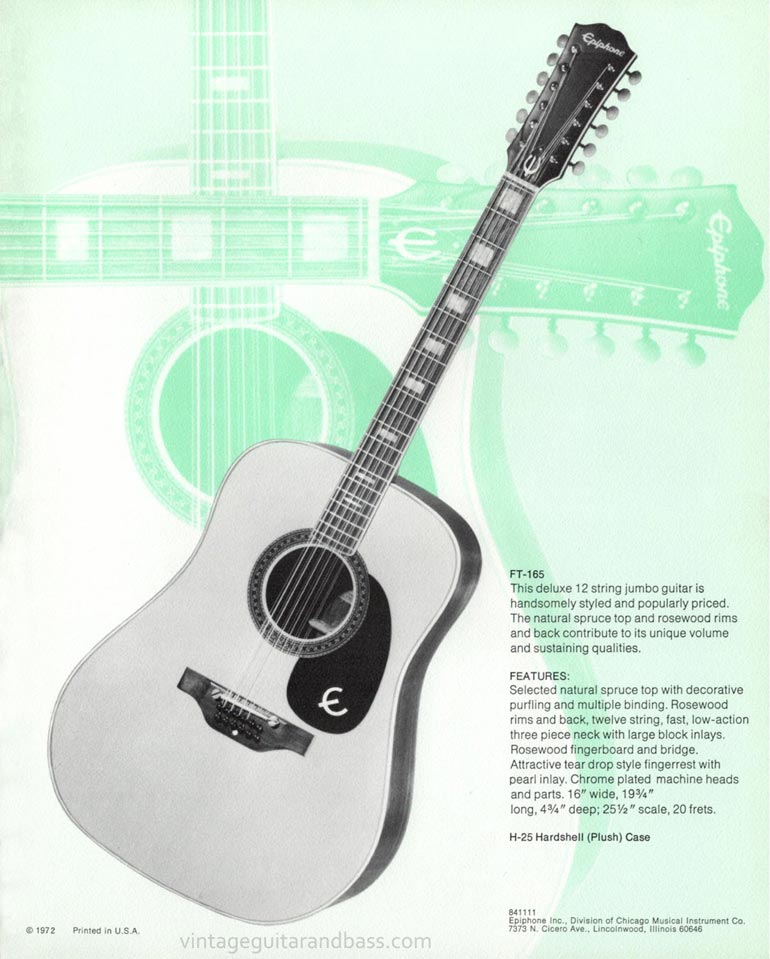 1971 Pick Epiphone brochure - Epiphone FT-165 12 string jumbo acoustic guitar