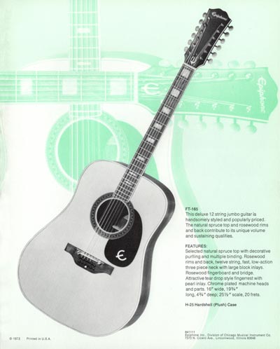 1971 Epiphone loose leaf "Pick Epiphone" brochure, FT-165 12-string flattop acoustic guitar